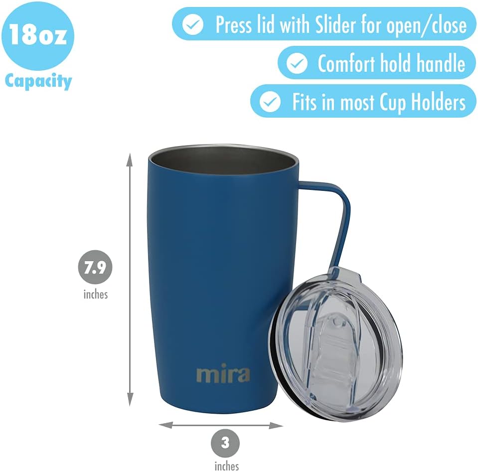 MIRA Taza de viaje de 18 onzas, vaso aislado con asa y tapa, apto para vasos, taza de café de viaje de acero inoxidable, taza de café aislada con