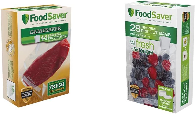 FoodSaver GameSaver – Bolsa de sellado al vacío de 1 cuarto de galón, 44 unidades y 1 pinta precortadas al vacío con construcción multicapa sin BPA