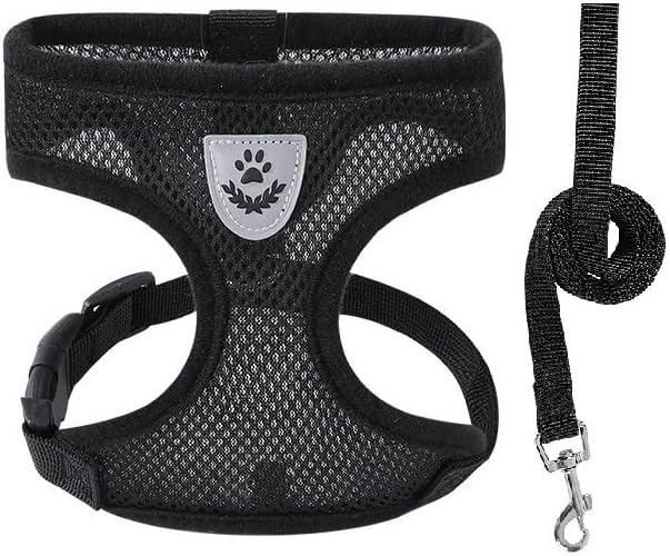 Arnés de malla suave para perro con correa sin tirones, chaleco acolchado cómodo para mascotas pequeñas, gatos y cachorros, negro, S