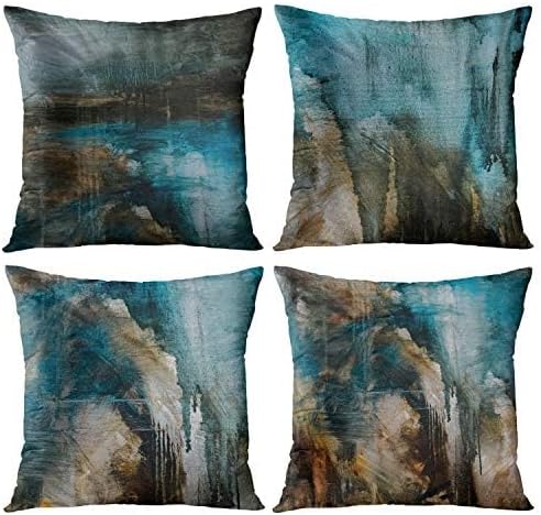 Emvency Juego de 4 fundas de almohada modernas abstractas desordenadas, verde azulado, turquesa, negro y marrón, pintura retro, fundas de almohada