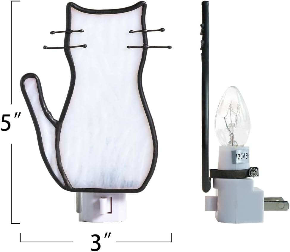 BOXCASA Luz nocturna de gato blanca con bombilla, lámpara de gato de vidrieras, luces nocturnas amarillas cálidas enchufables a la pared para sala