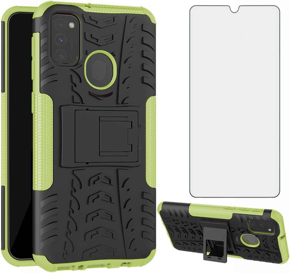Asuwish Funda de teléfono para Samsung Galaxy M30s M21 con protector de pantalla de vidrio templado y soporte delgado, funda protectora híbrida