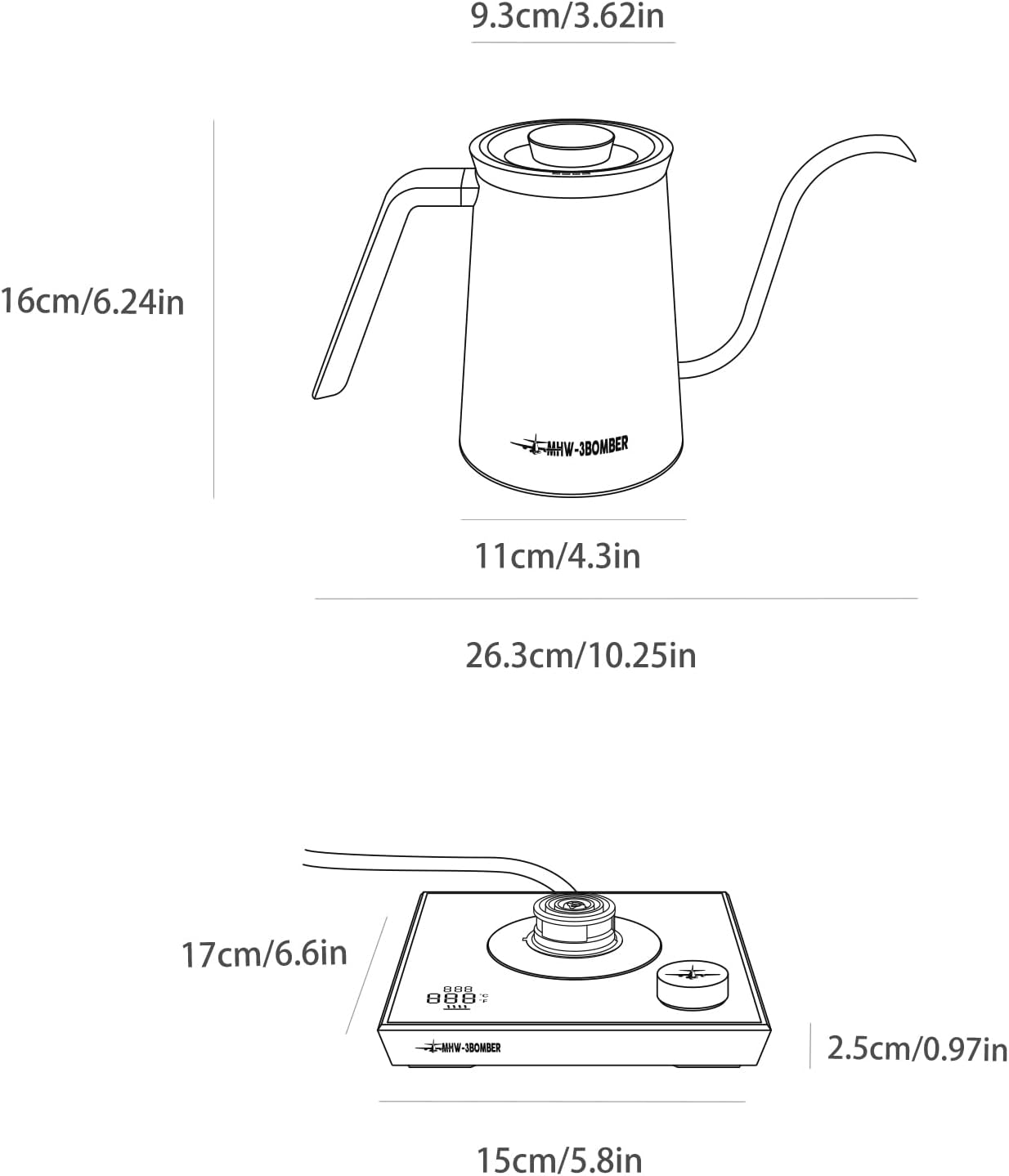 MHW-3BOMBER Hervidor eléctrico de cuello de cisne, hervidor de café profesional, tetera con control preciso de temperatura, pantalla LED, apagado