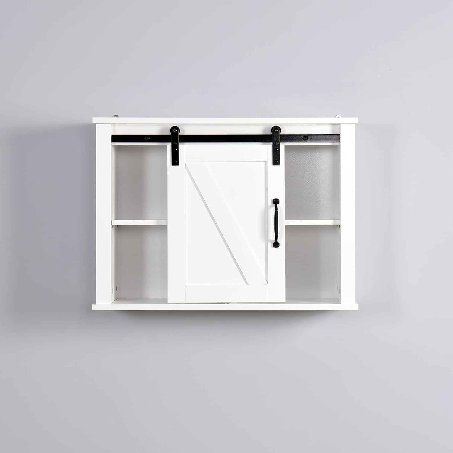 Armario de almacenamiento de pared con puerta de granero y 2 estantes ajustables en el interior, gabinete flotante de madera LERFAN moderno, 27.16 x