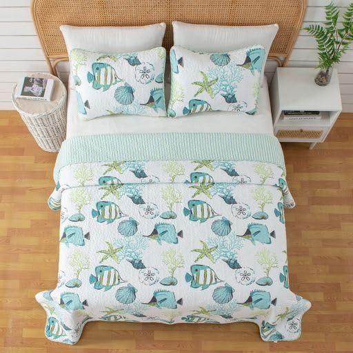 Juego de cama de edredón costero tamaño King, edredón de verano con fundas, juego de edredón reversible de 3 piezas para playa Colcha acolchada