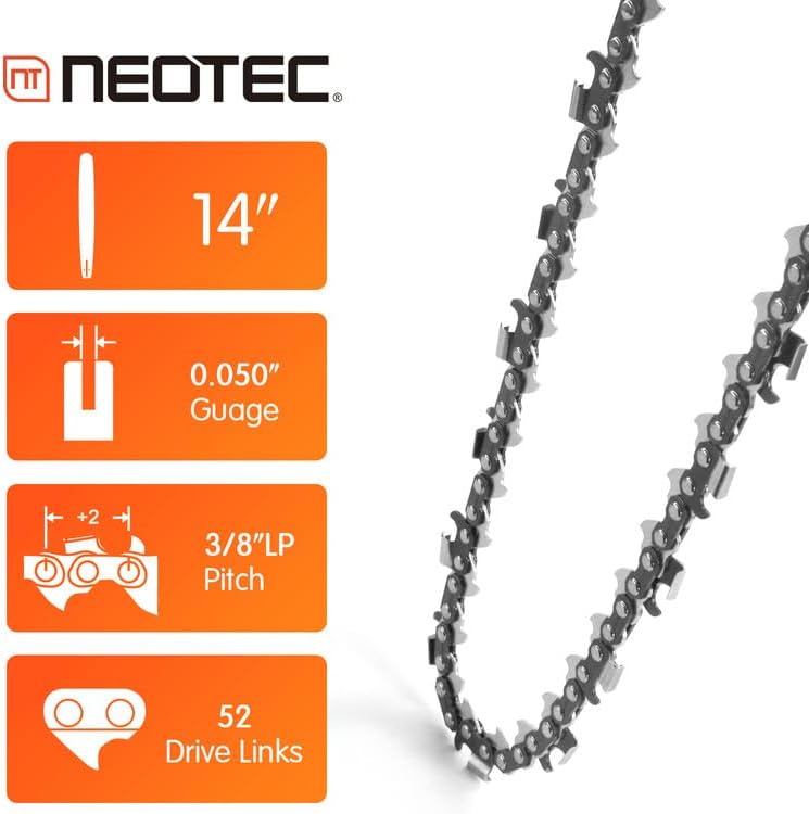 NEO-TEC Cadena de motosierra S52 de 14 pulgadas de paso LP de 38 pulgadas, calibre de 0.050 pulgadas, 52 eslabones de transmisión para motosierra