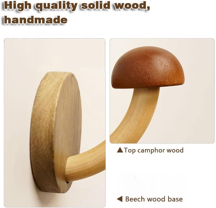 Fun – Gancho de madera con forma de hongo para abrigo, gancho de madera maciza no perforado, gancho de puerta de baño para cocina, baño, guardarropa