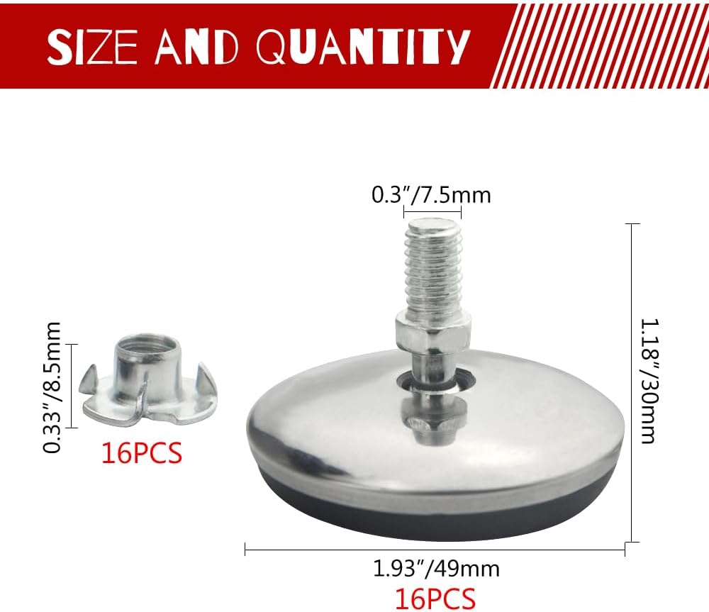 WMYCONGCONG 16 pies niveladores giratorios ajustables M8 para muebles, patas de mesa ajustables con 16 tuercas en T para gabinete, mesa, silla,
