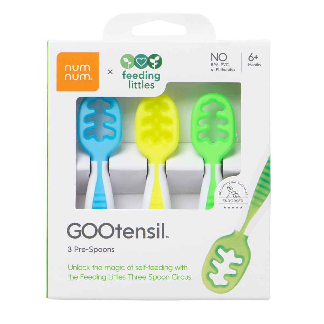 Feeding Littles x NumNum GOOtensil Pre-Spoons – Juego de cucharas para bebé (etapa 1 + etapa 2), utensilios de silicona sin BPA para niños de 6