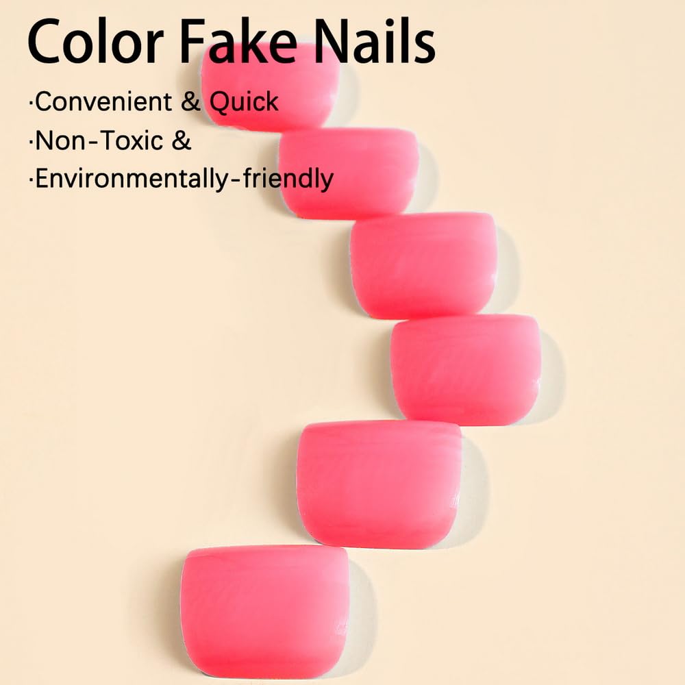 Uñas postizas cuadradas de color rosa a presión, uñas postizas francesas de estilo simple, uñas acrílicas para mujeres, puntas de uñas brillantes,