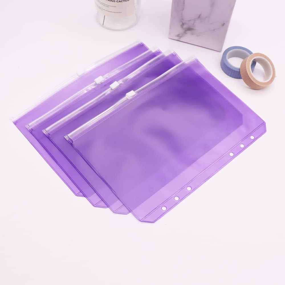 Carpeta de PVC púrpura con bolsillos, 12 unidades, tamaño A5, con cremallera, hojas sueltas, 6 agujeros, organizador de PVC con cremallera, para