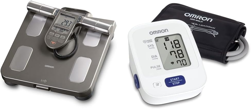 Omron Monitor de composición corporal con báscula, 7 indicadores de fitness, memoria de 90 días y monitor de presión arterial de bronce, puño