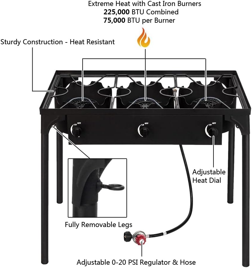 Estufa de campamento al aire libre Cocina de gas propano de alta presión quemador portátil de hierro fundido para patio (tres quemadores 225000-BTU)