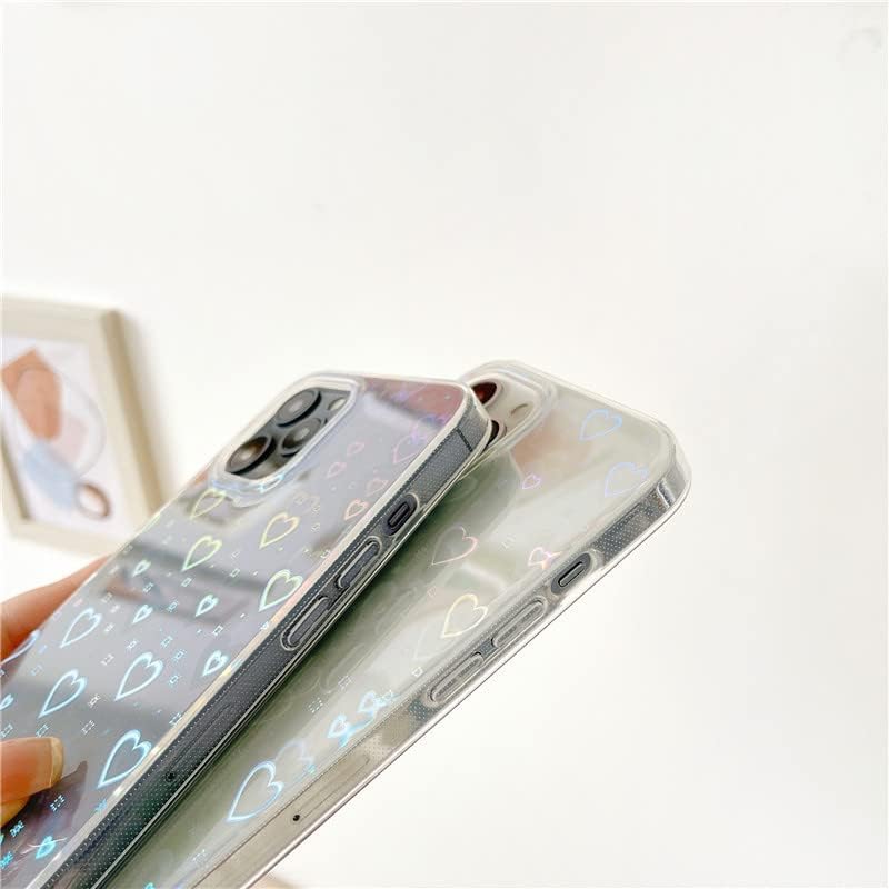 Jusy Compatible con iPhone 13 Pro Max, funda holográfica de amor iridiscente transparente Kawaii para mujer, diseño de arco iris con láser estético,