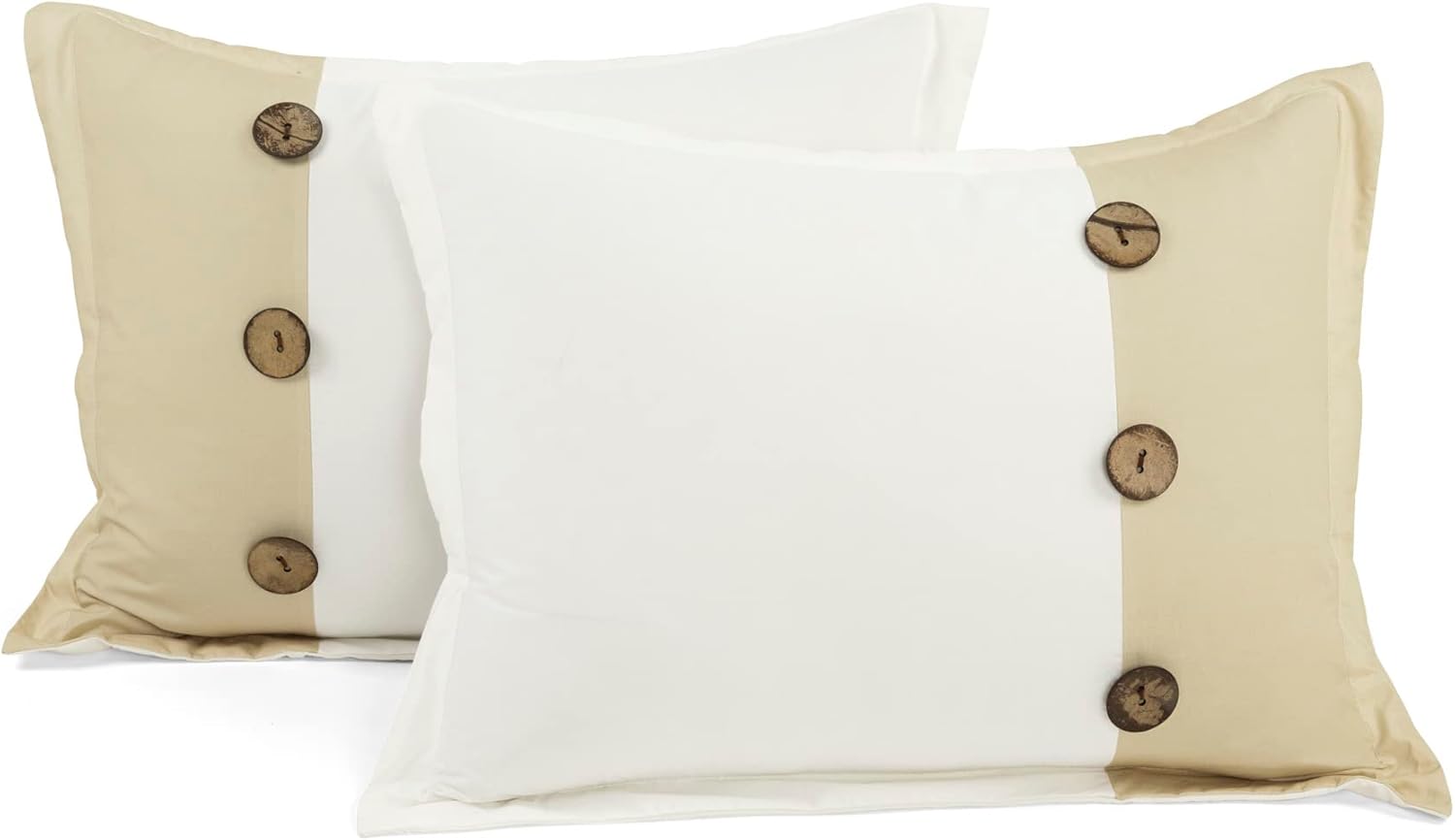 Lush Decor Juego de edredón de 5 piezas con botones de lino, tamaño matrimonialqueen, ropa de cama rústica y elegante con fundas europeas, diseño