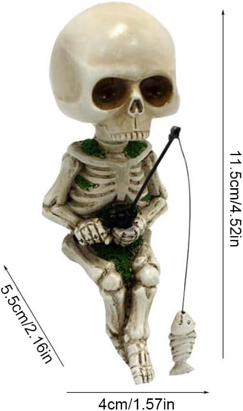2 adornos de esqueletos de pesca para jardinería, estatua de esqueleto de pesca, figuras de resina, figuras de Halloween, estatuas de calavera de