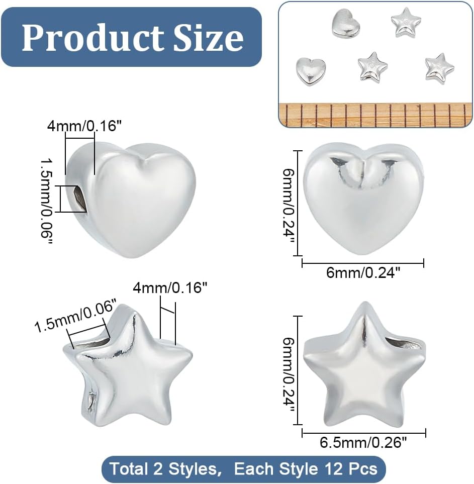 UNICRAFTALE Juego de 24 cuentas espaciadoras de 2 estilos de 0.069 pulgadas de acero inoxidable 304, cuentas de metal con forma de estrella, cuentas