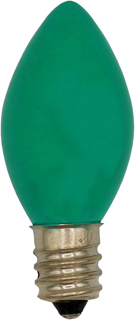 Creative Hobbies Caja de 25 bombillas  C7, combustión constante  Verde opaco  7 vatios, vida útil, base de candelabro chapada en níquel  Ideal para