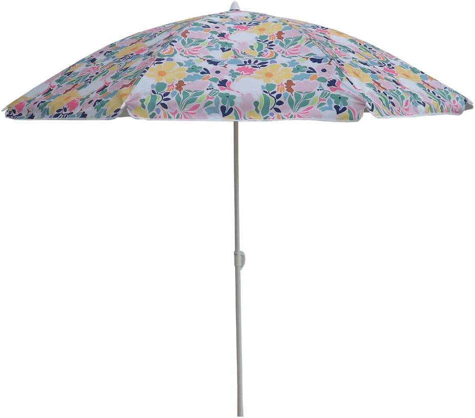 Sombrilla de playa para exteriores de 6.5 pies con anclaje de arena y protección solar UV50+, ligero y portátil, diseño de estampado de flores sin