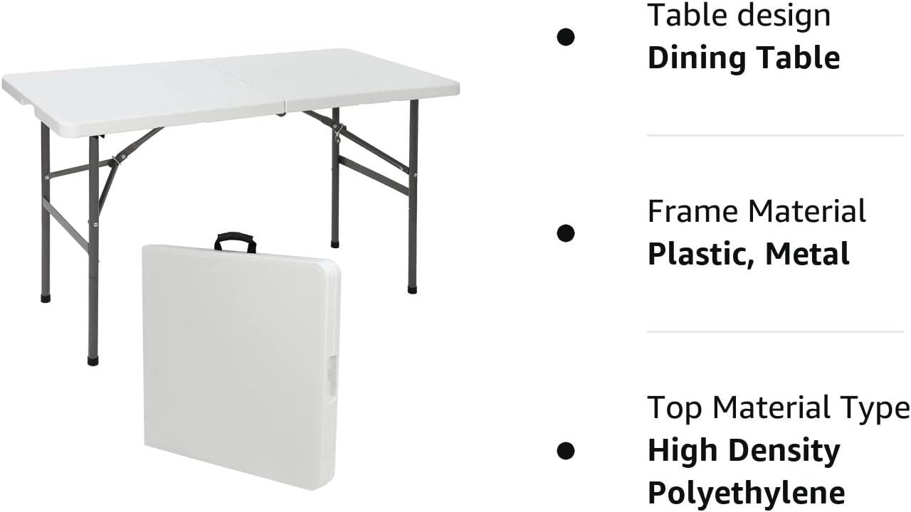 SUPER DEAL Mesa plegable portátil de plástico de 4 pies, para interiores y exteriores, resistente, plegable, por la mitad, para picnic, fiesta,