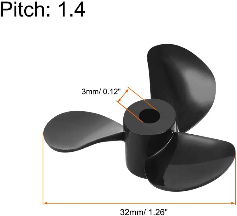 uxcell Barco RC CCW Hélice 0.118 in eje 3 paletas 1.260 in 1.4 P forma de ventilador Pastic negro giratorio accesorios para barco RC 2pcs