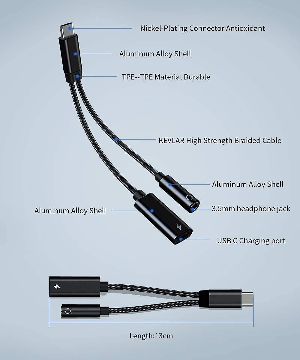 Adaptador para auriculares Samsung Galaxy S24 Ultra, 2 en 1 USB C a conector de auriculares de 0.138 in de alta resolución DAC y PD seguro de 60 W,
