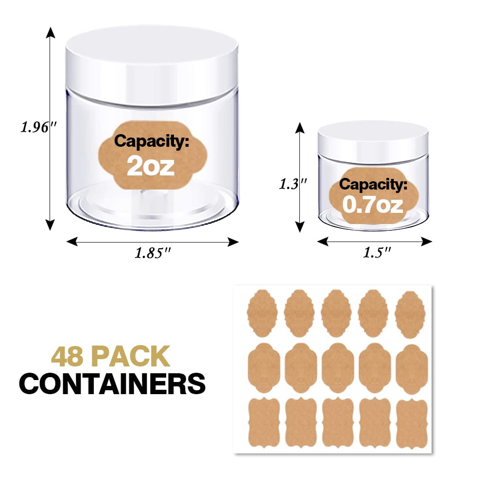 Tarros de plástico redondos de 2 onzas con tapas blancas  Recipientes de muestra pequeños transparentes de 0.71 oz (juego de 48) para crema,