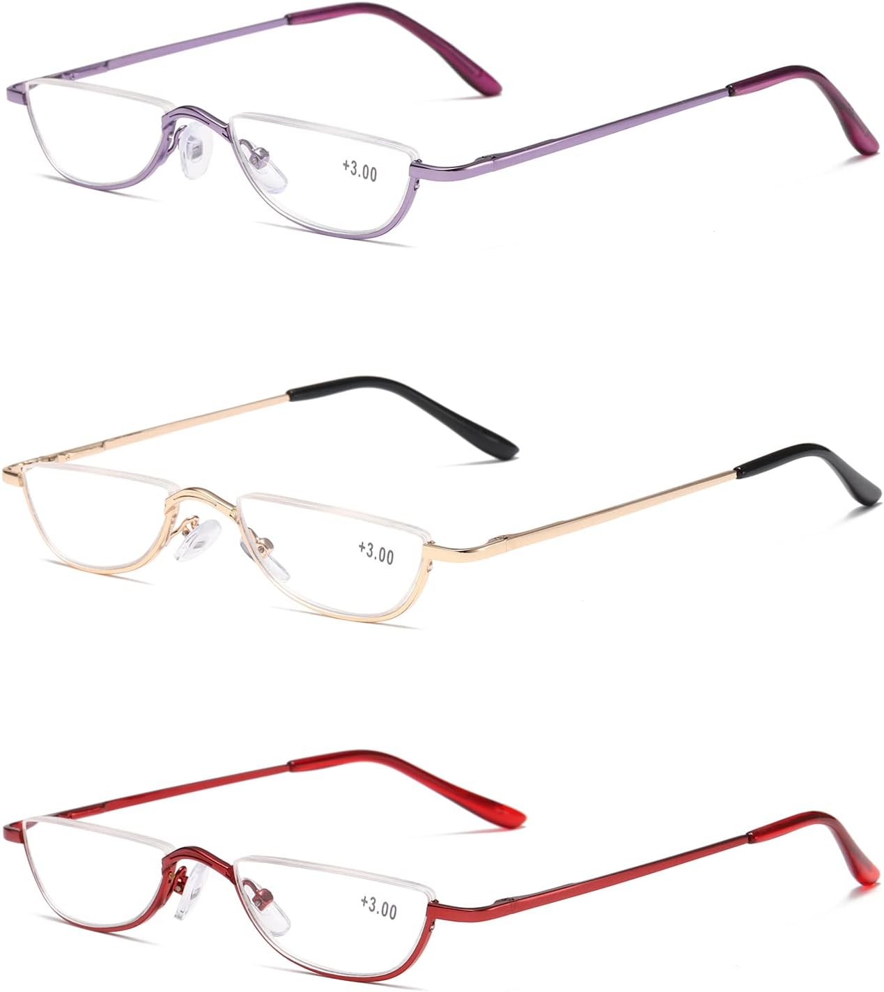 Gafas de lectura de medio marco para mujeres y hombres, lentes de media luna, lentes de metal para lectores de lente de media luna, paquete de 3