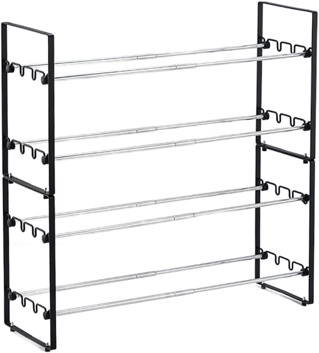 L&H UNICO Zapatero de metal ajustable de 4 niveles, pequeño, acero, capacidad para hasta 12 a 16 pares, expandible, apilable, negro