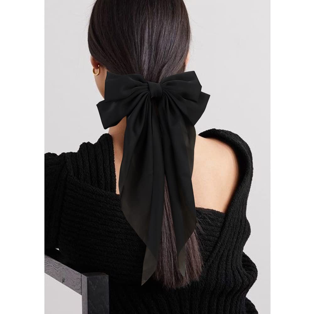 Lazo para el cabello negro, lazos grandes de satén sedoso, 2 lazos grandes para el cabello, lazos de cola larga de gran tamaño, pasadores para el