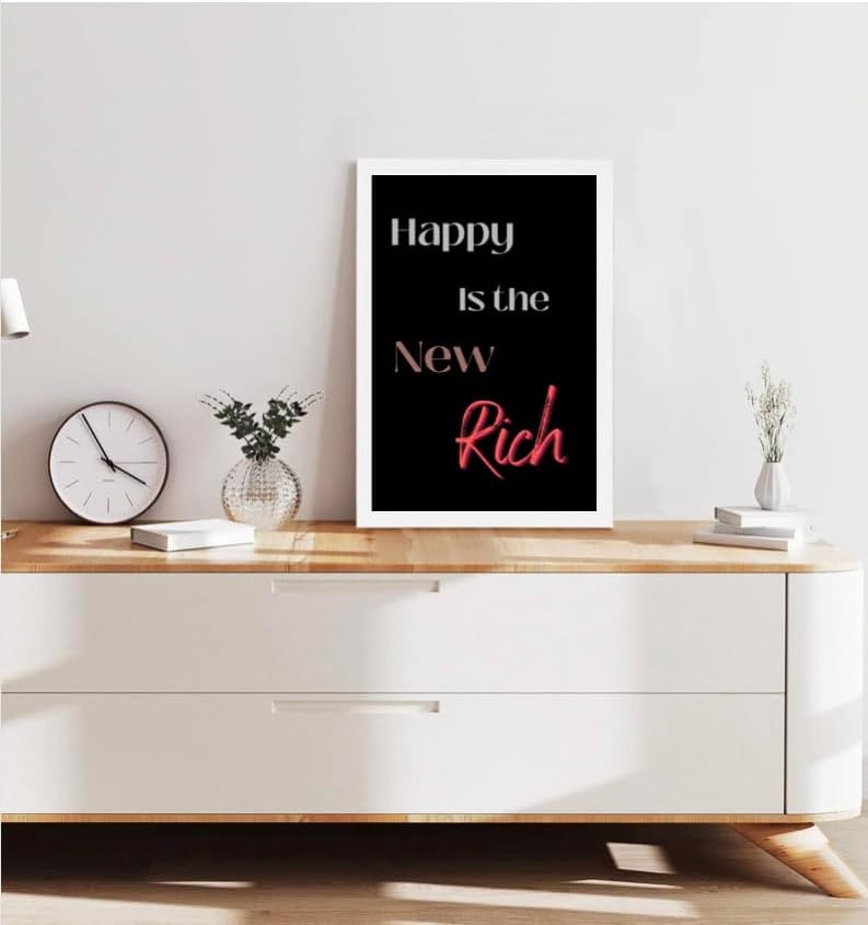 Happy is the New Rich – Arte de pared impreso de 11 x 17 pulgadas, arte de pared motivacional con citas positivas, póster inspirador, decoración de