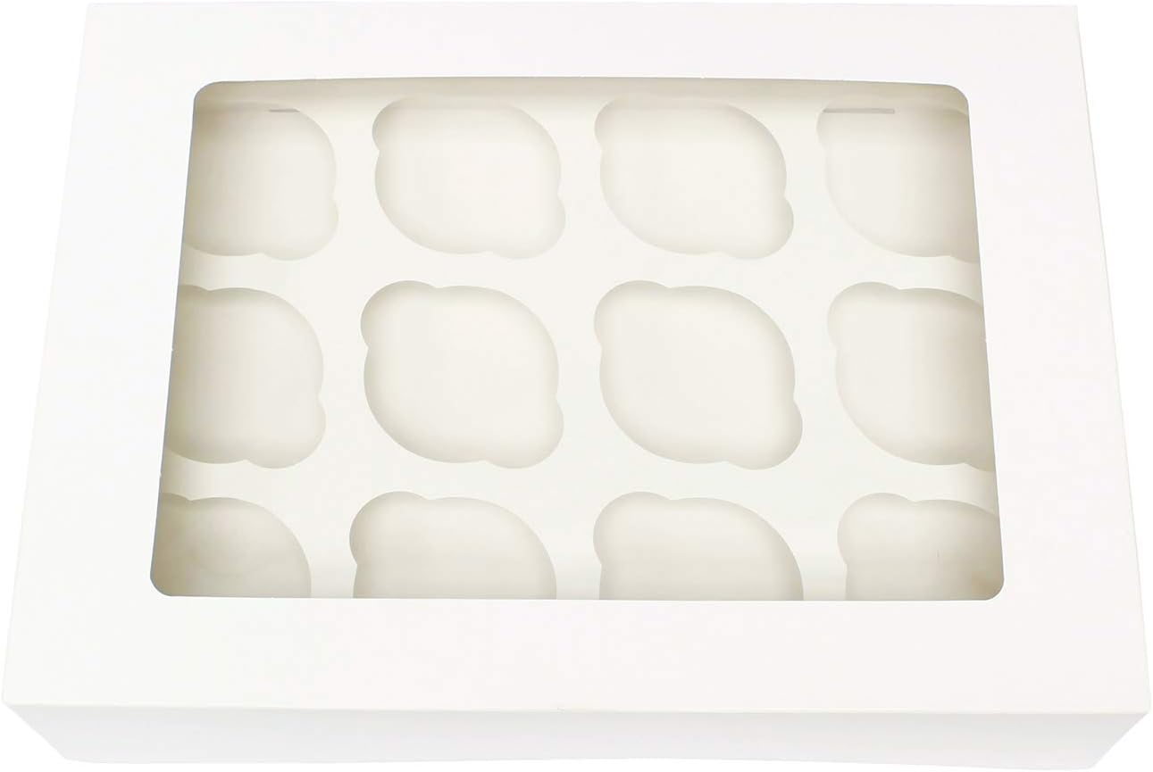 Spec101 – Cajas para magdalenas a granel, paquete de 12 recipientes desechables para magdalenas con ventana de color blanco, 12 unidades, tamaño