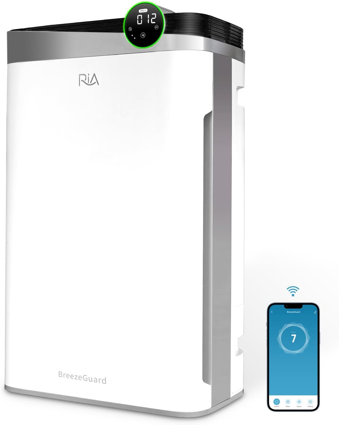RIA Purificador de aire inteligente BreezeGuard Humidificador integrado 2 en 1  Limpiador de aire silencioso de grado industrial para hogares