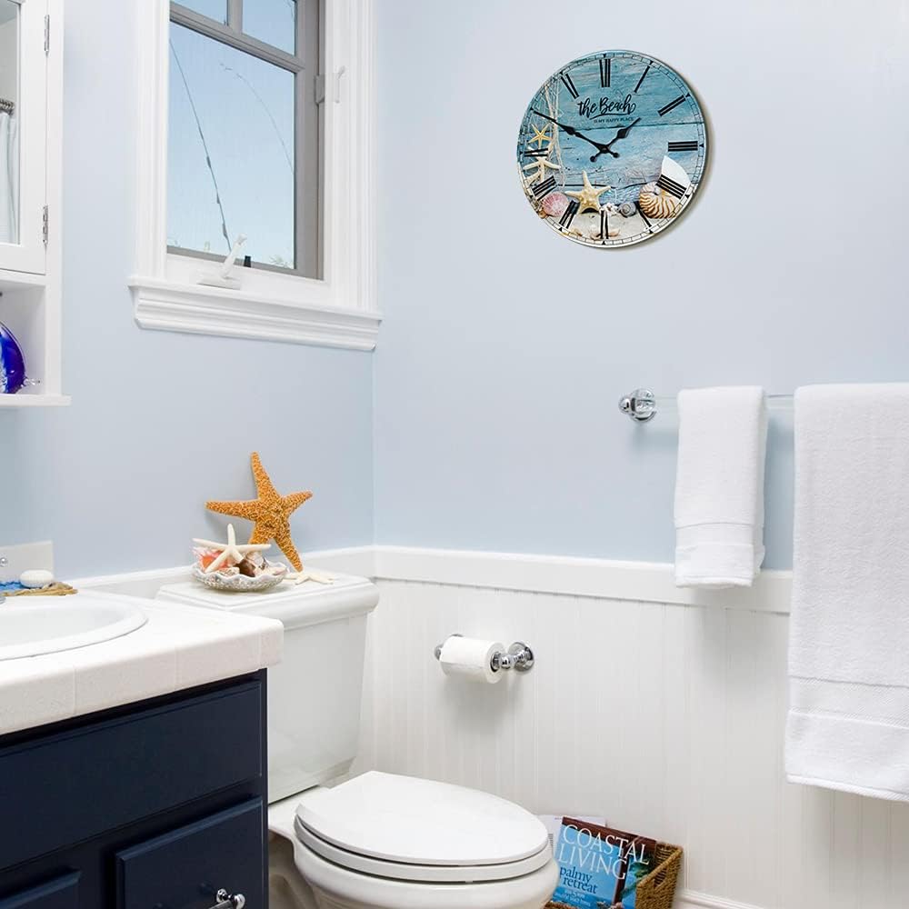 Divertida decoración de baño de playa, reloj de pared silencioso que no hace tictac, conchas marinas, decoración de baño, arte de pared  The Beach