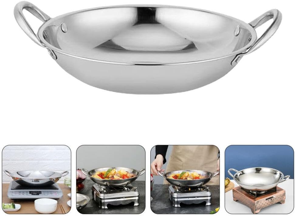BESTonZON Sartén de acero inoxidable para cocinar mariscos con asa, sartén para estufa, sartén para freír sartén, olla coreana, olla de ramen