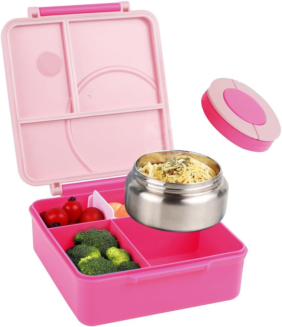 Lonchera Bento para niños  Lonchera aislada con termo de 8 onzas, recipientes de almuerzo a prueba de fugas con 4 compartimentos y 2 zonas de