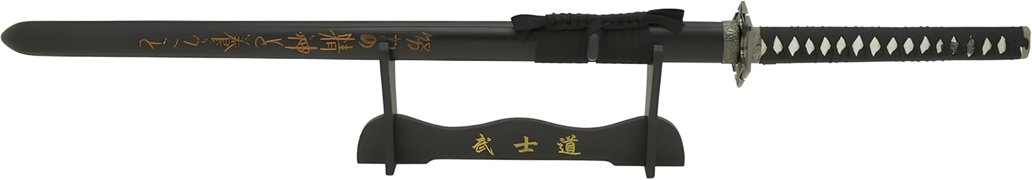 Espada ninja clásica, longitud total de 41 pulgadas, mango de madera dura envuelta en piel de rayo, soporte de exhibición de madera