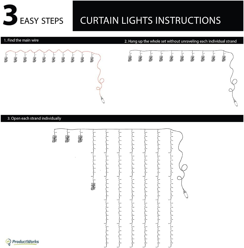 ProductWorks 300 luces LED blancas frías con 2 paneles de cortina transparentes