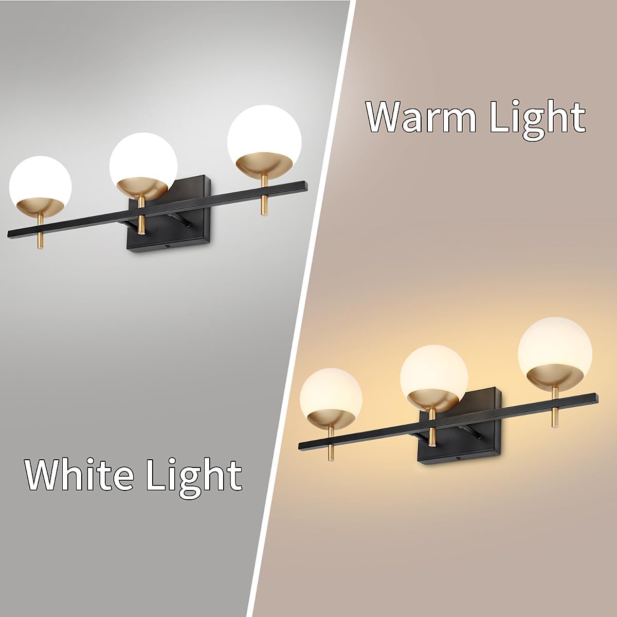 Lámpara de baño de oro negro, 3 luces de mediados de siglo moderna sobre espejo, lámpara de tocador de baño con vidrio lechoso, lámpara de pared