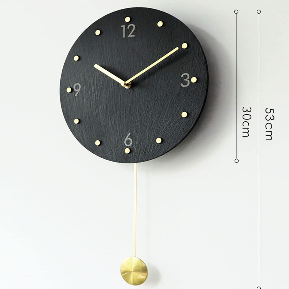 LETREM Reloj de pared con péndulo funciona con pilas, reloj negro silencioso de 12 pulgadas montado en la pared, reloj redondo de piedra, funciona