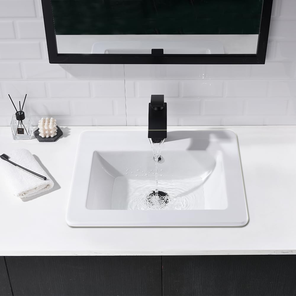 Fregadero de baño de 21 x 18 pulgadas, rectangular, color blanco, de porcelana, de cerámica, con grifo negro y desagüe desplegable
