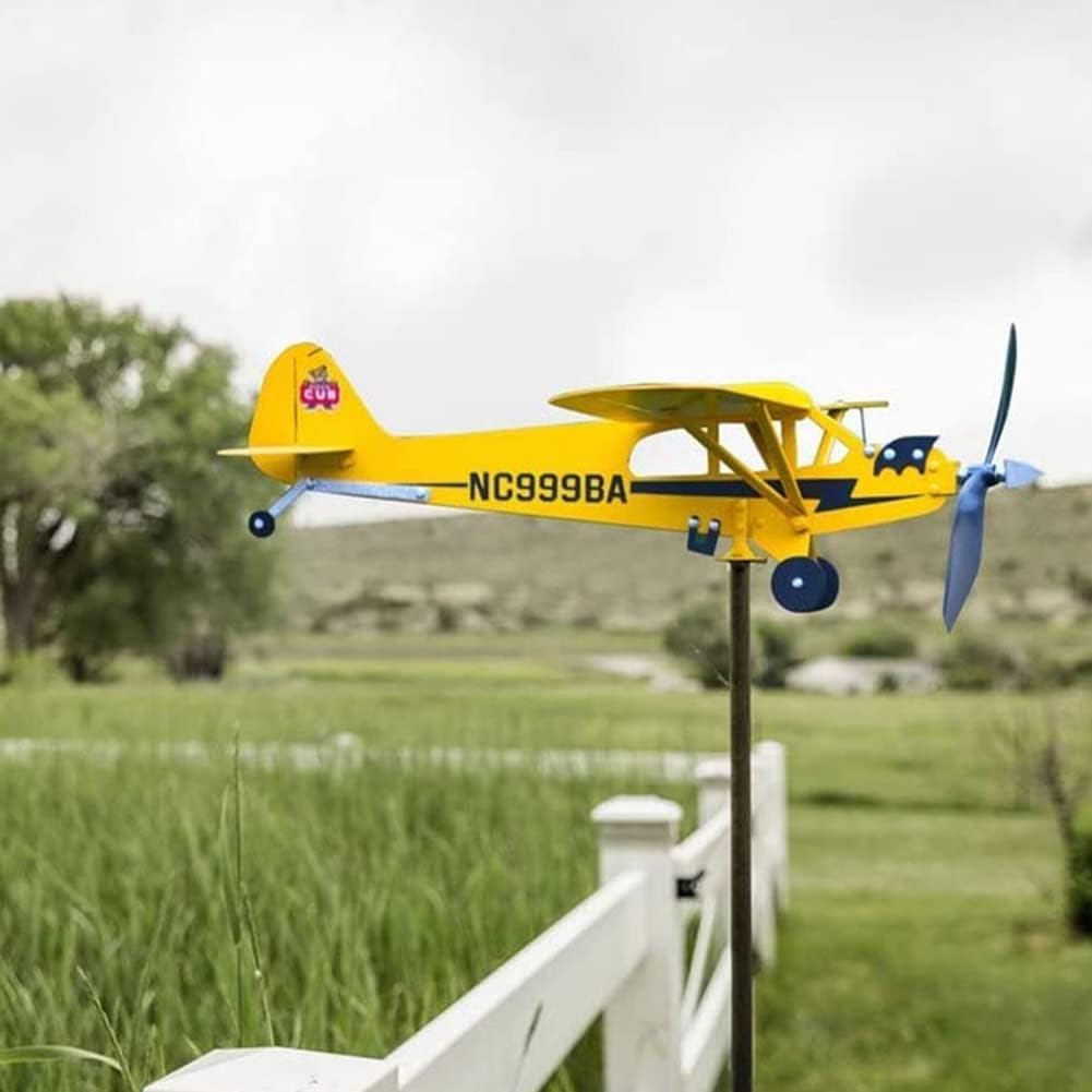 Veleta de avión Piper J3 Cub hecha a mano para patio, avión, molino de viento de metal, escultura al aire libre, modelo de avión (grande)