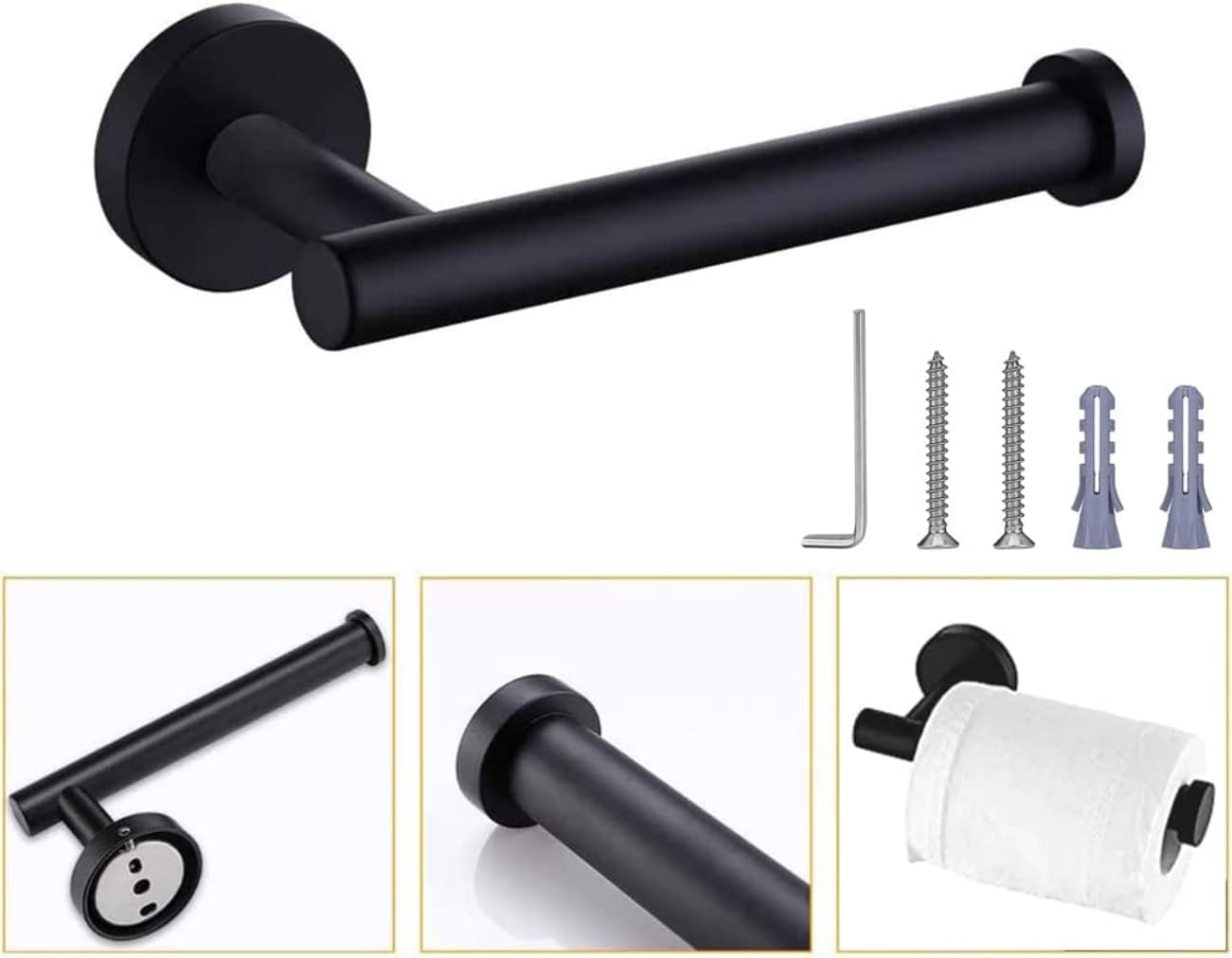 Juego de soporte para papel higiénico  Incluye soporte independiente para perro, dos ganchos negros para toallas y soporte para papel higiénico de