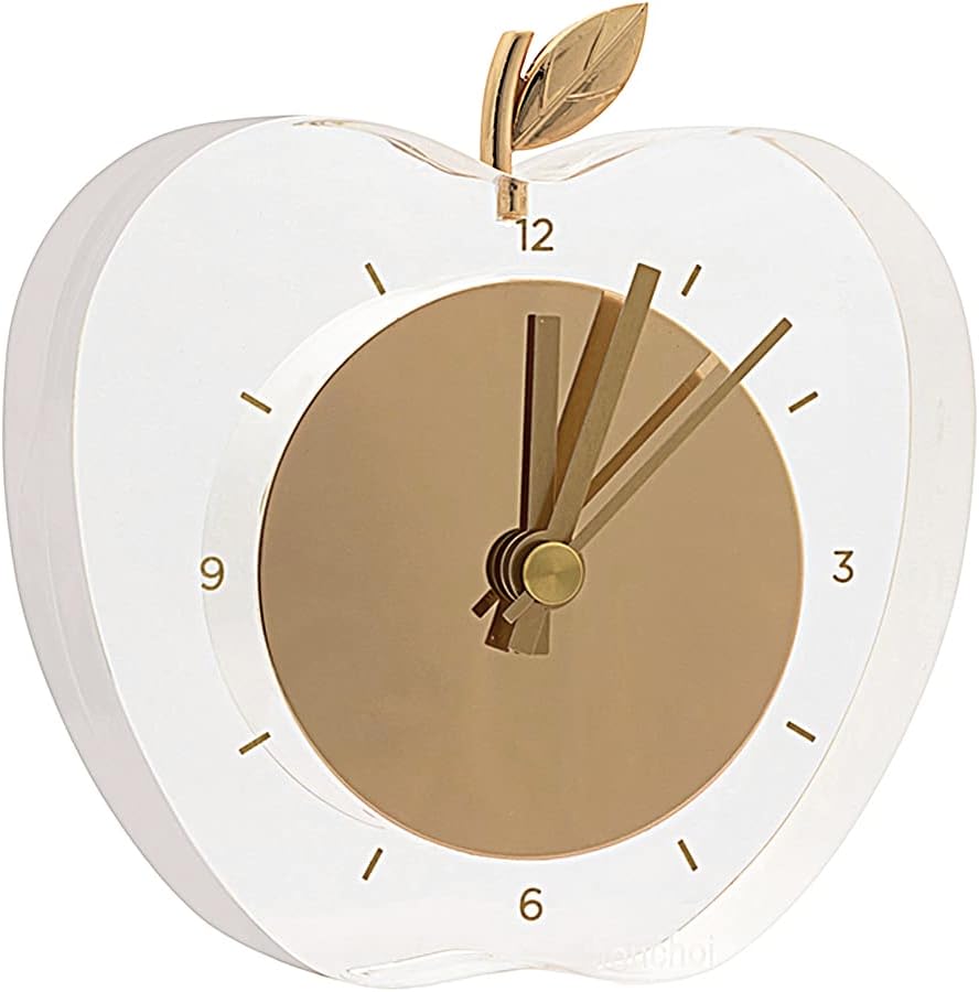 Reloj de escritorio acrílico, reloj analógico moderno, decoración de oficina en casa, marco transparentecara dorada, forma de manzana