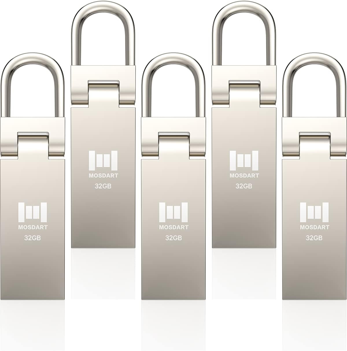 MOSDART Paquete de 5 unidades flash USB 2.0 impermeables de 32 GB con llavero, unidades de pulgar FAT32 de 32 GB, unidad de salto de metal, memoria