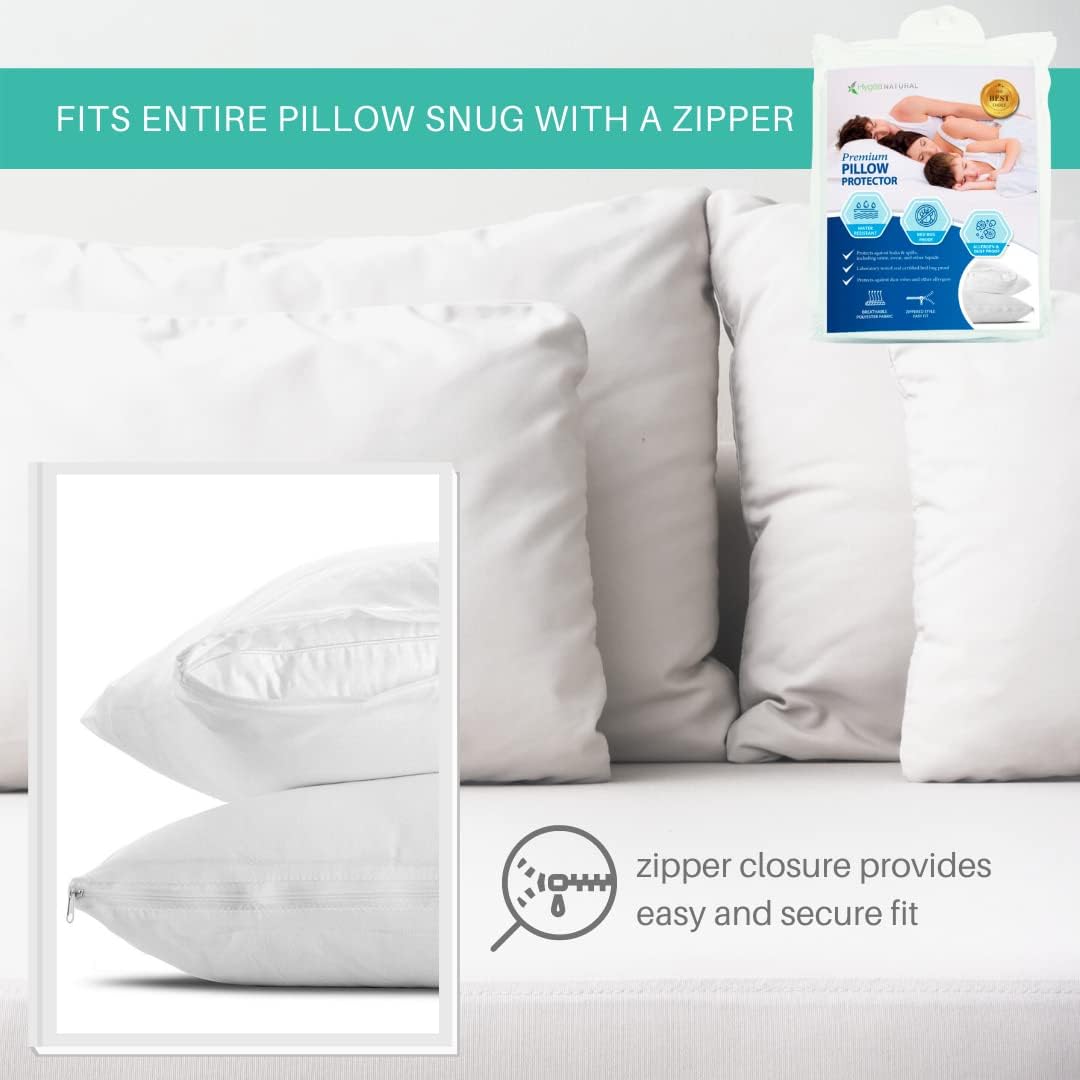 Hygea – Juego de 2 lujosos protectores de almohada naturales resistentes al agua – Fundas de almohada con cremallera prémium