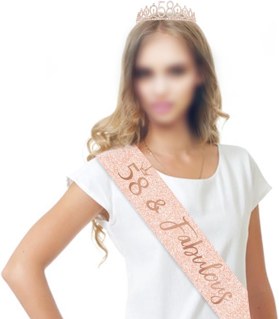 BRT Bearingshui Banda y tiara de cumpleaños número 58 para mujer, corona de banda de cumpleaños de oro rosa 58 fabulosa banda y tiara para mujer,