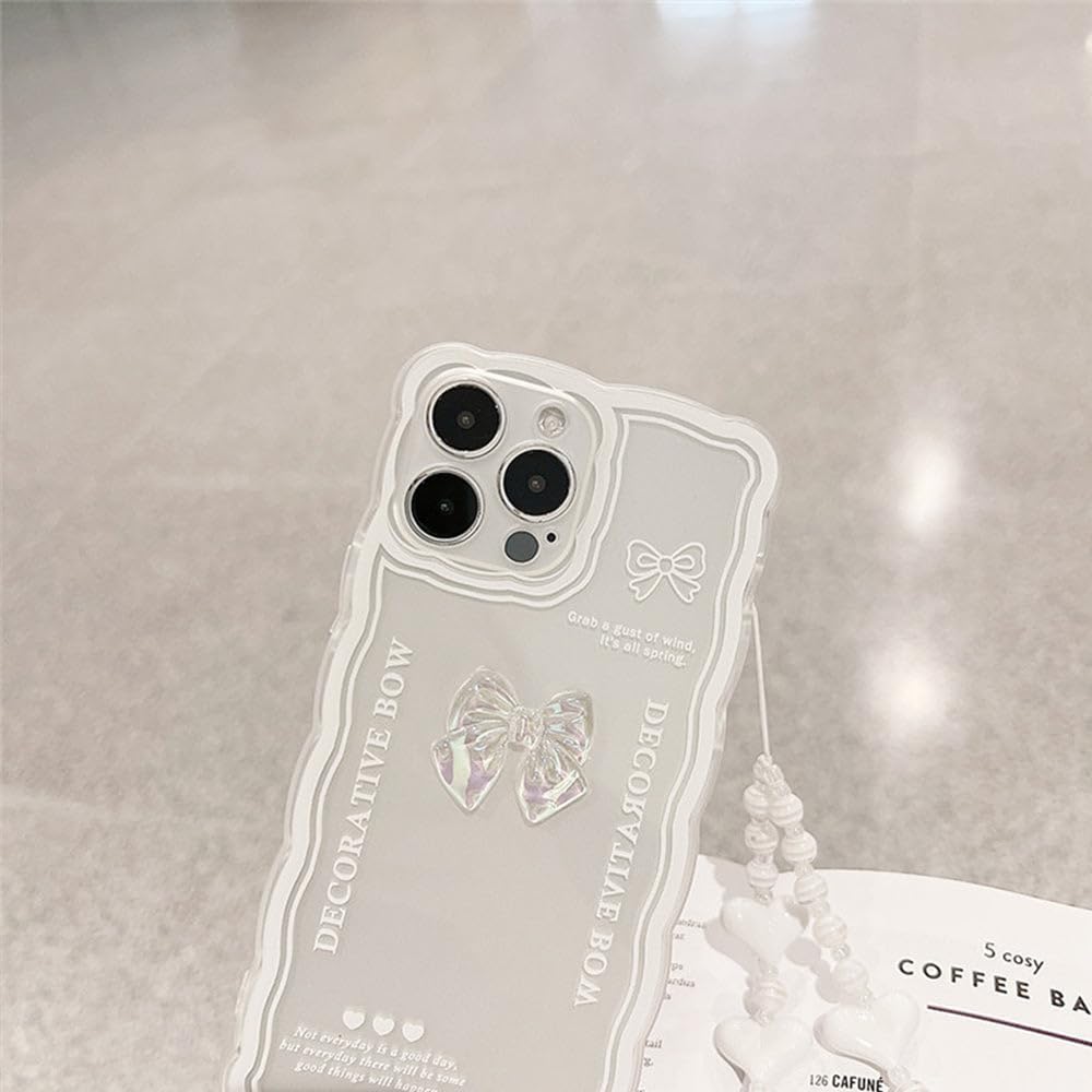 Casechics Funda compatible con iPhone, bonita pajarita de cristal 3D, forma de onda rizada con correa de pulsera de corazón, cadena, transparente,