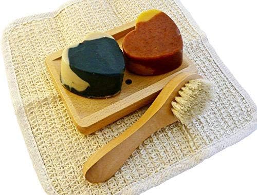 BOGUE Luxury Goat Milk Soap-Big Soap Hearts of Moisturizing N20 Palo Santo & N21 Activated Charcoal & Kaolin Clay with Sisal Cloth, Facial Scrubber