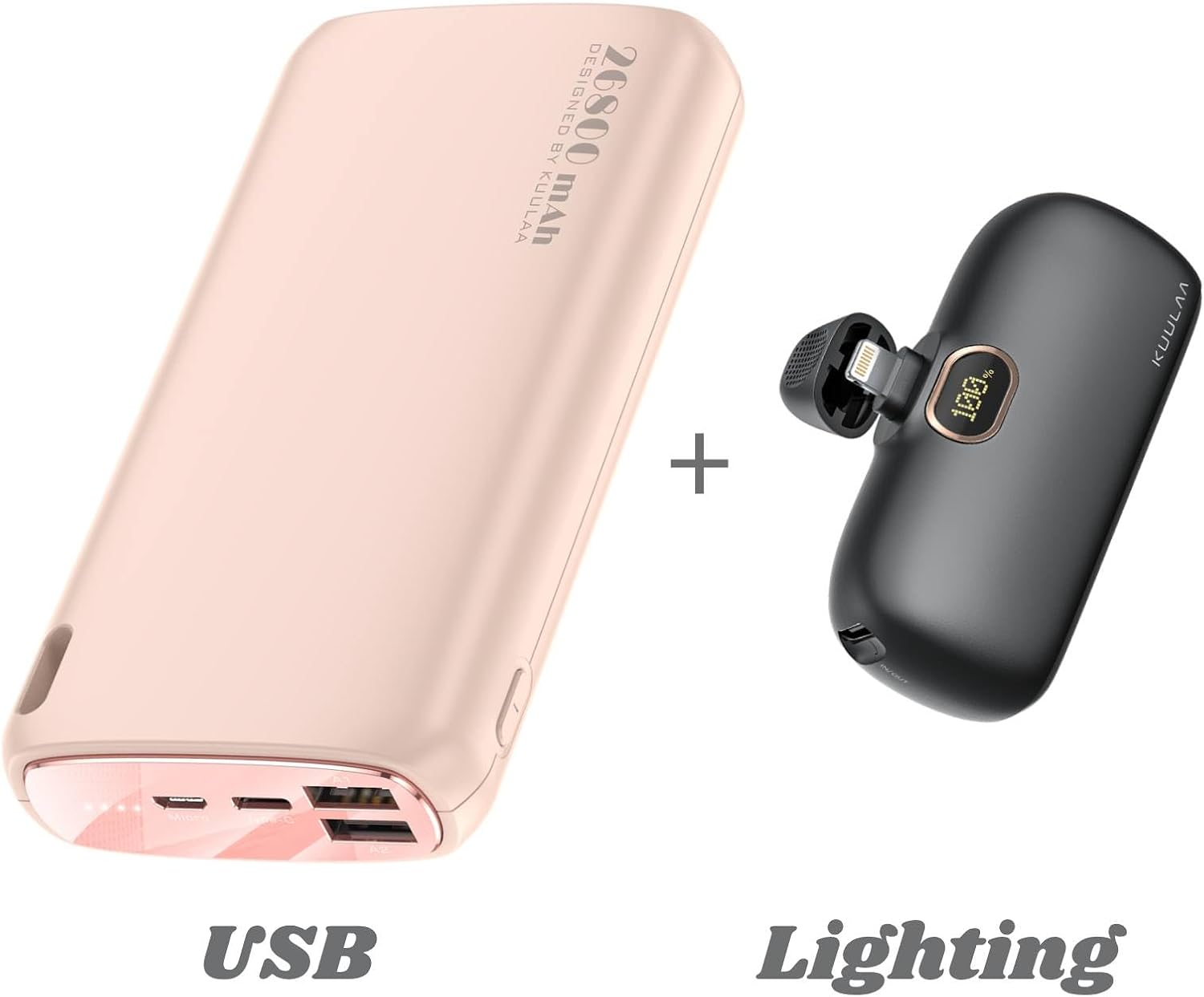 Kuulaa Pequeño cargador portátil iPhone 5000mAh con cable Lightning incorporado y 26800mAh de alta capacidad Banco de energía de doble salida batería